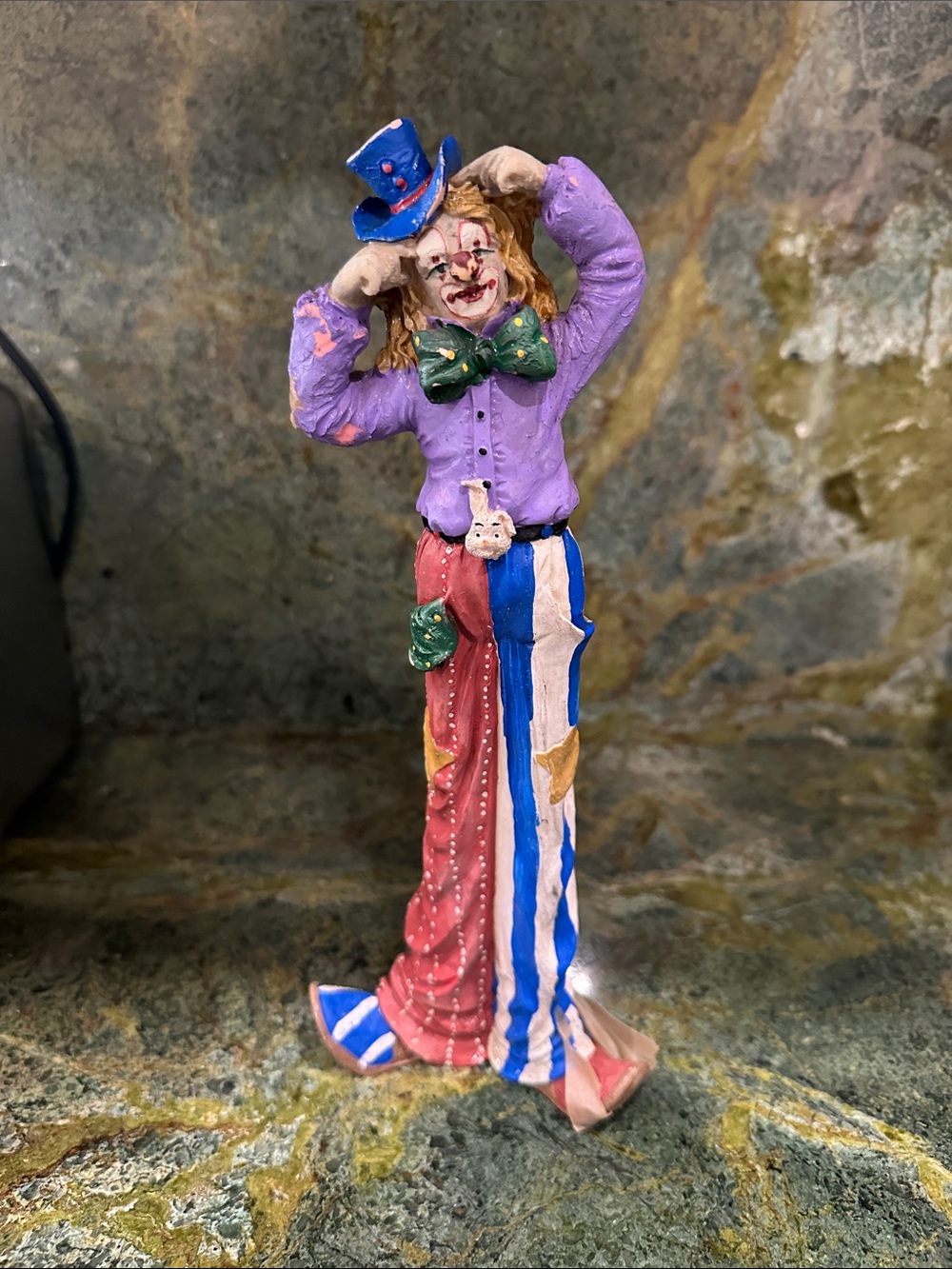Hand-Painted Clown Figurine - Purple Jacket, Red & Blue Trousers— VINTAGE